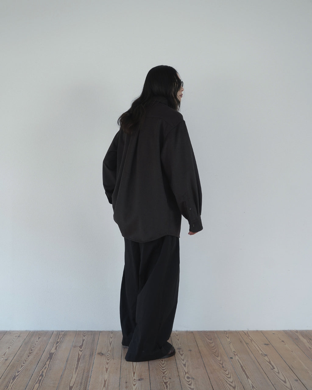 Wool Blend Heavy Flannel Wide Tuck Over Shirt <#olive>