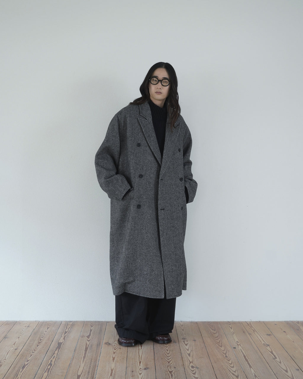 Wool Blend Double-Breasted Long Coat <#gray>