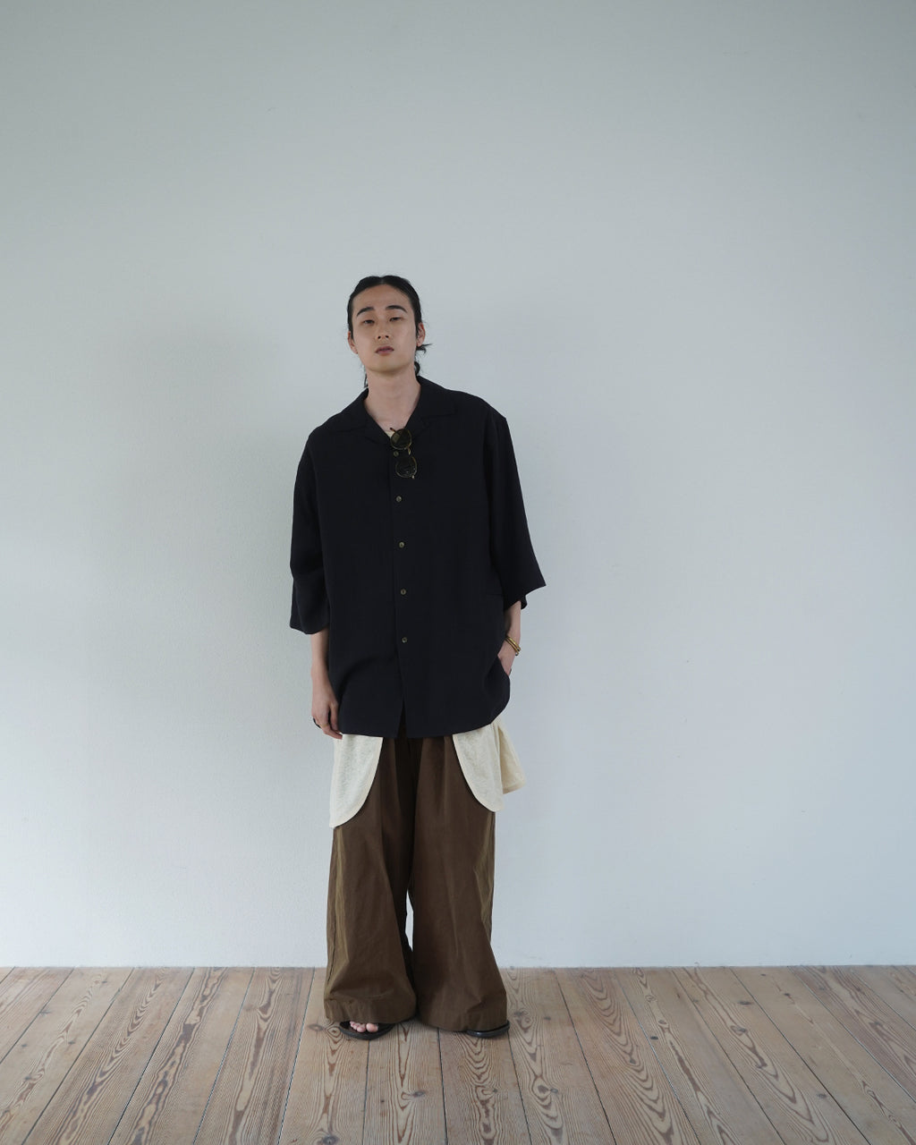 Wash Linen Open Collar 3/4 Sleeve Sleeping Shirt <#black>