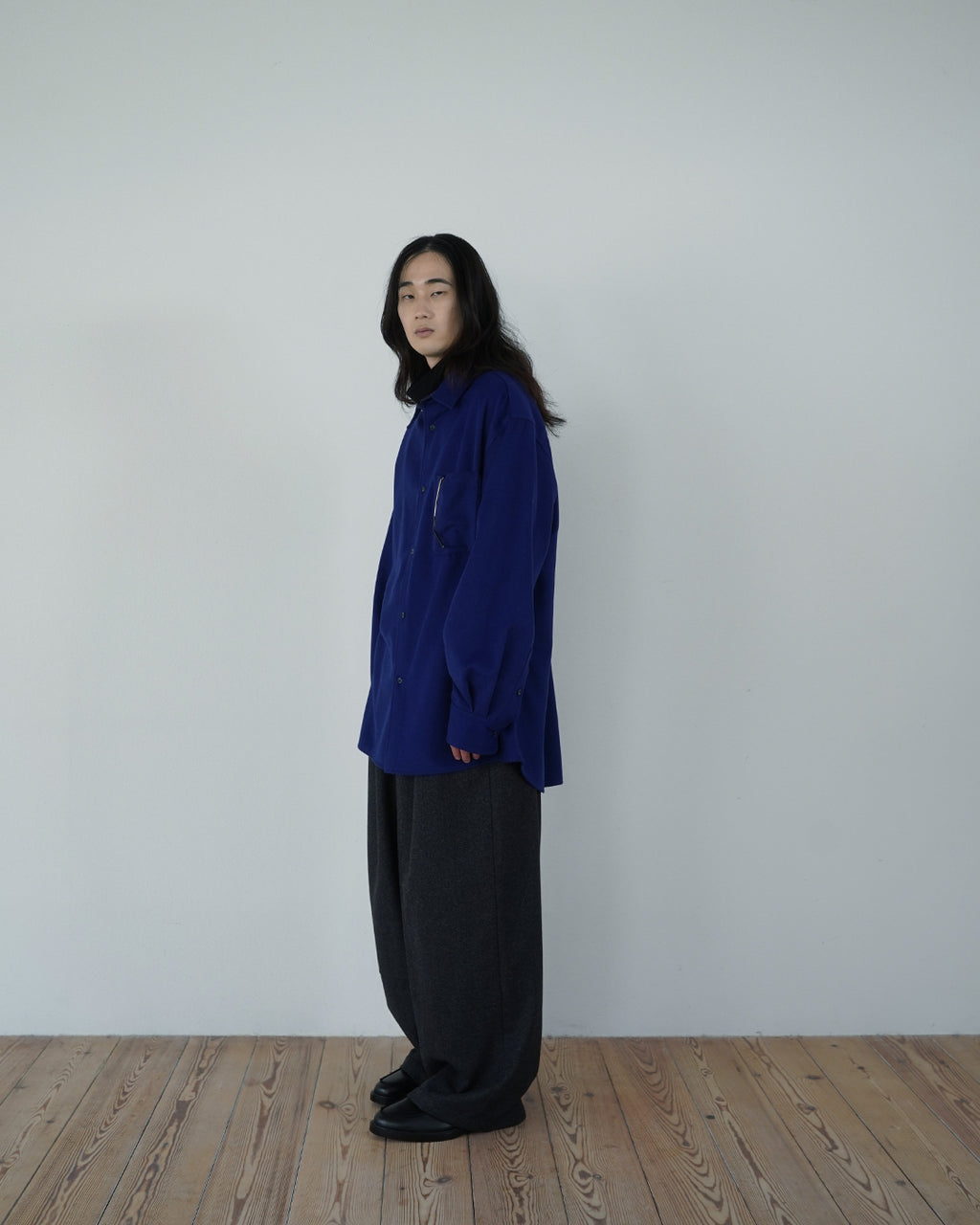 Wool Blend Heavy Flannel Wide Tuck Over Shirt <#royal blue>