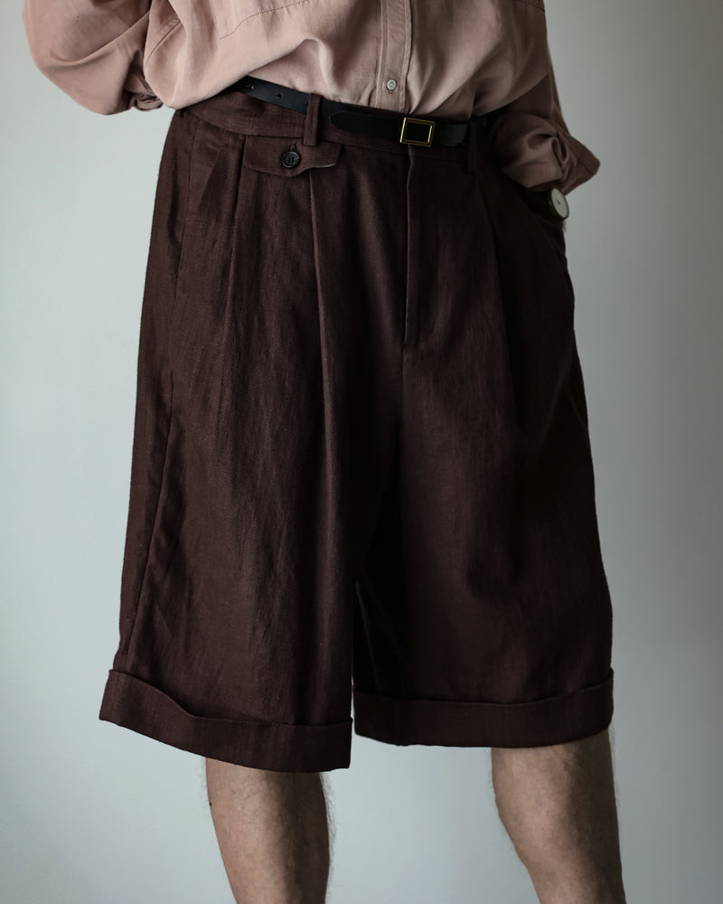 Linen Twill Coin Pocket 2Tuck Double-Hem Shorts <#browm>