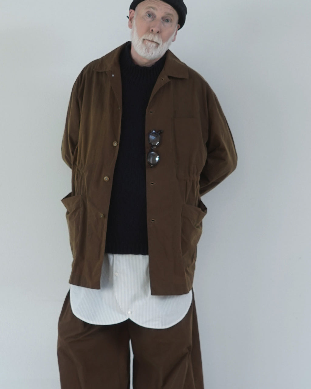 Cotton Typewriter Round Slit Long Officer Shirt <#ivory stripe>