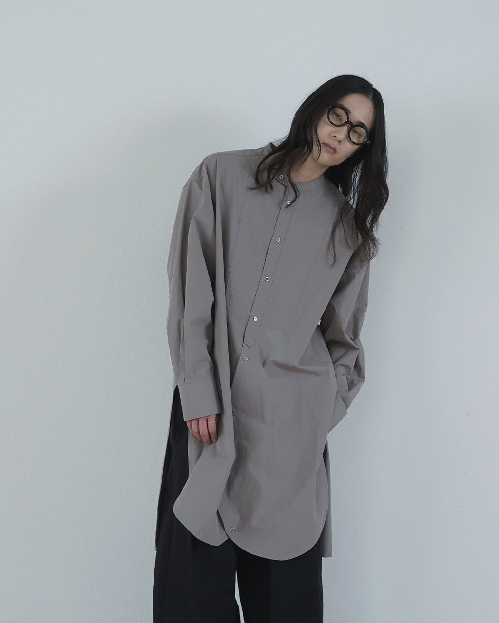 Cotton Typewriter Round Slit Long Officer Shirt <#greige>