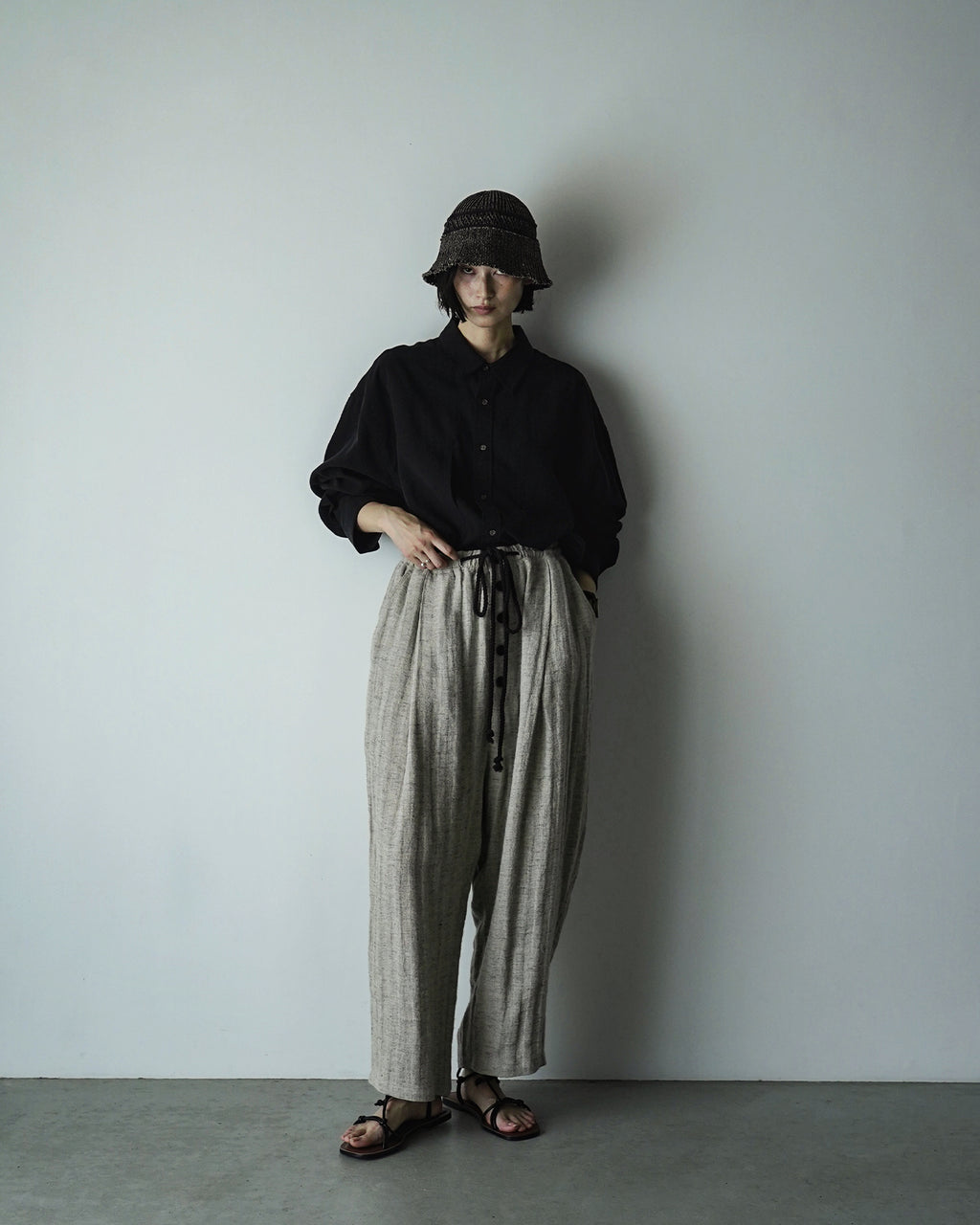 Linen Herringbone Button-Fly Easy Sarouel Pants <#heather gray>