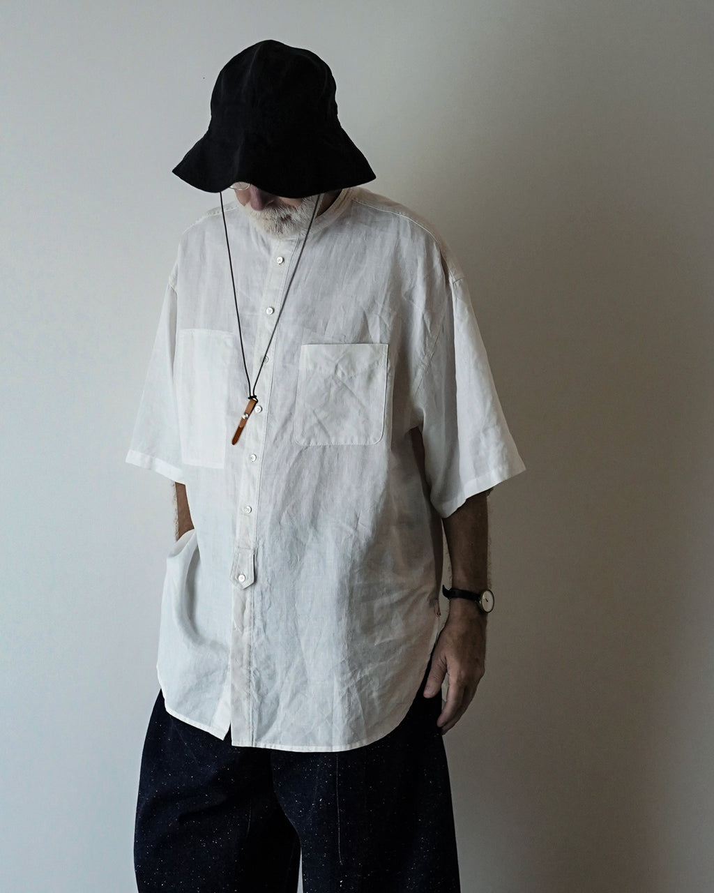 Wash Linen Band Collar Henley Neck Like Half Sleeve Atelier Shirt <#off white>