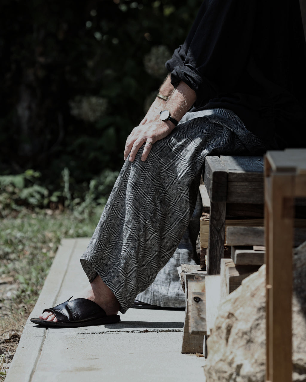 Glen Check Linen Back Belt 3Tuck Wide Straight Trousers <#glen check>