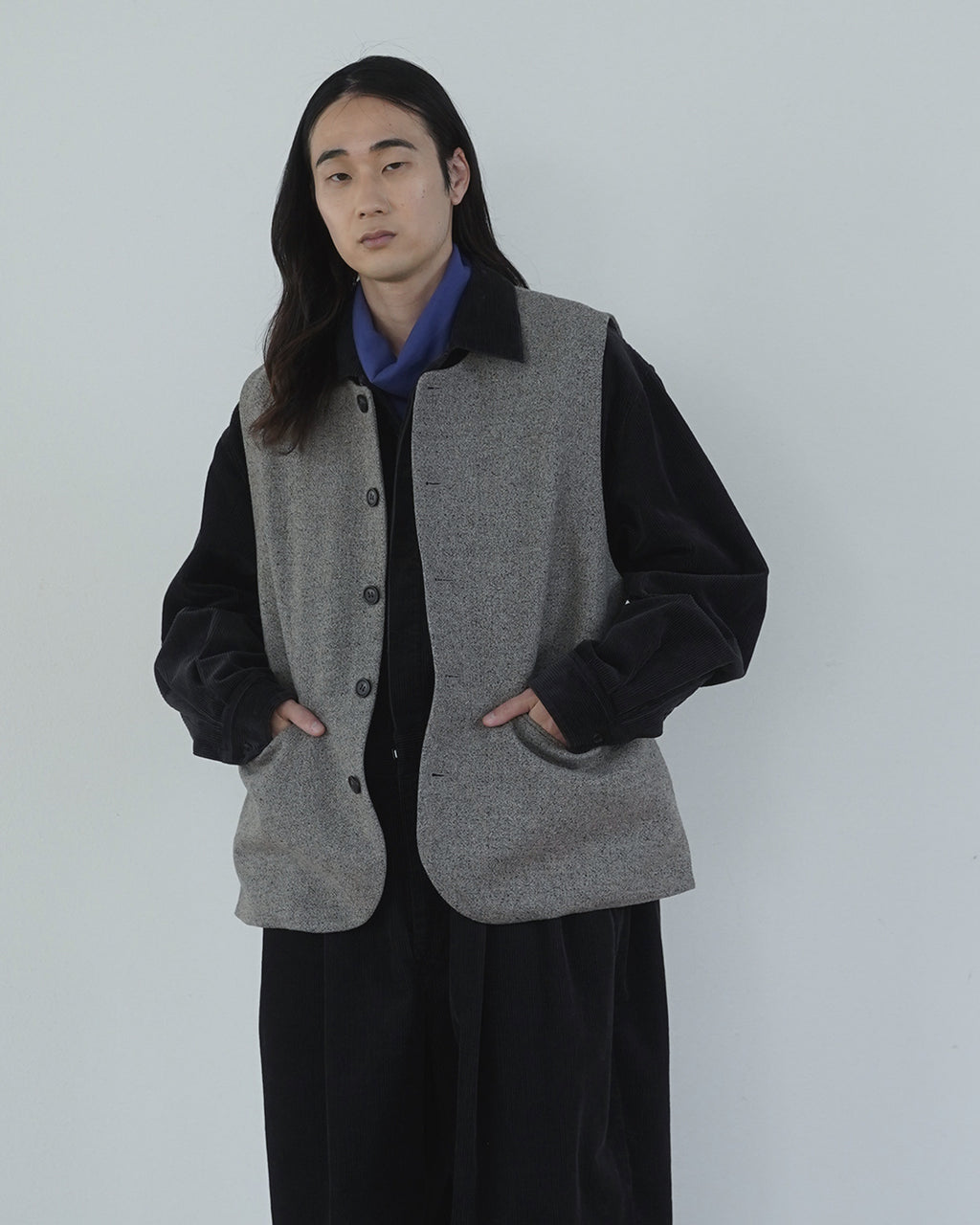 Wool Blend Tweed Back-Open Layered Crew Neck Vest <#greige>
