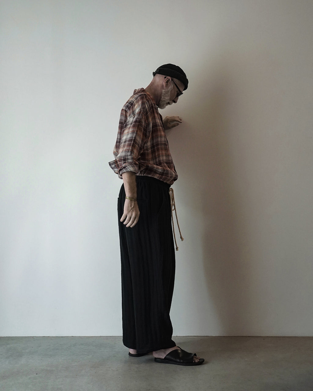 Linen Herringbone Button-Fly Easy Sarouel Pants <#black>