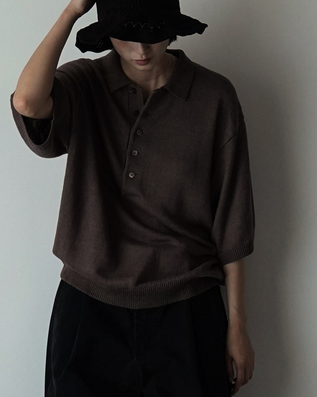 Linen Mid-Gauge Half Sleeve Knit Polo <#brown>