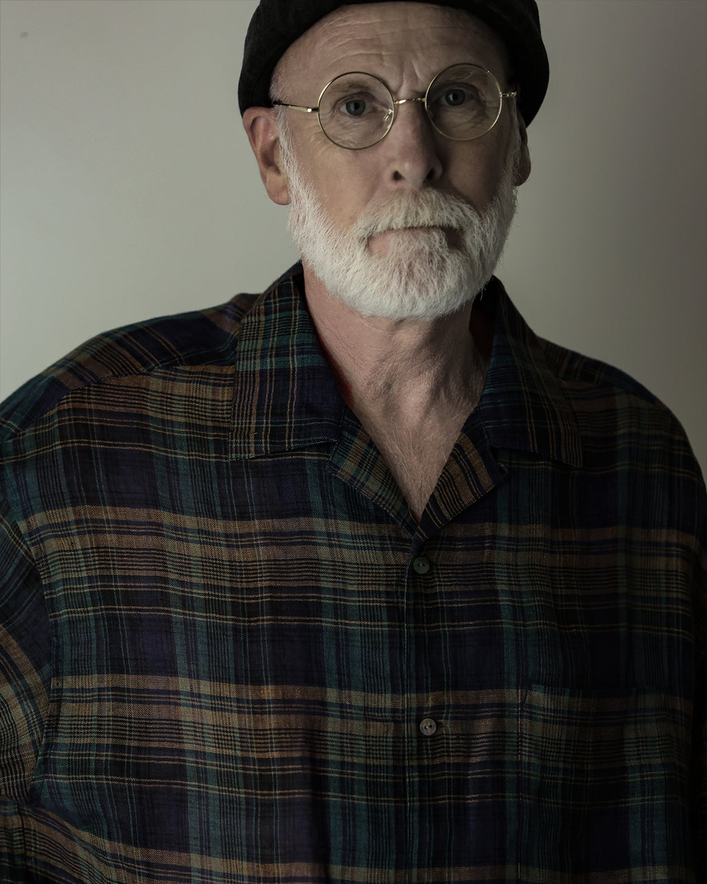 Linen Madras Check Open Collar Long-Sleeve Gathered Shirt<#navy check>