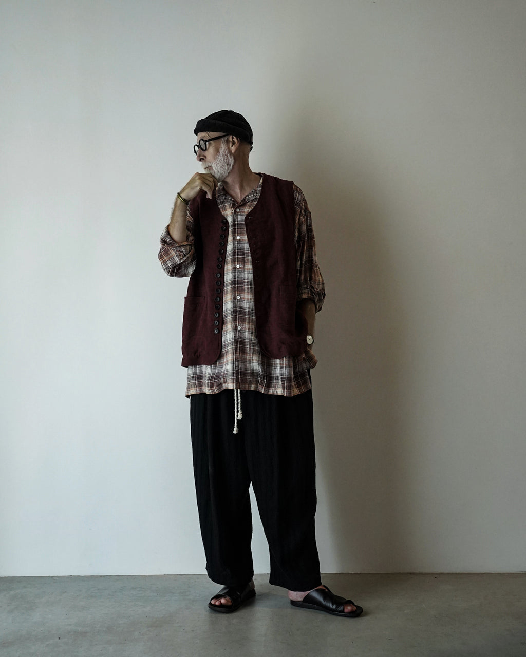 Linen Herringbone Button-Fly Easy Sarouel Pants <#black>