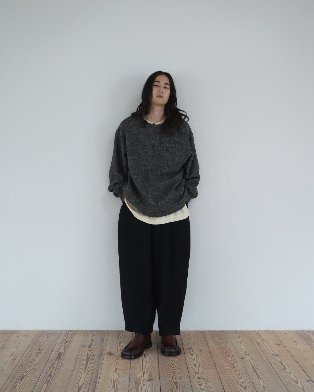 Shetland Wool Linen Rope Belt Easy Sarouel Pants <#black>