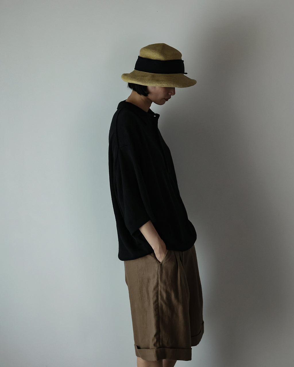 Linen Mid-Gauge Half Sleeve Knit Polo <#black>