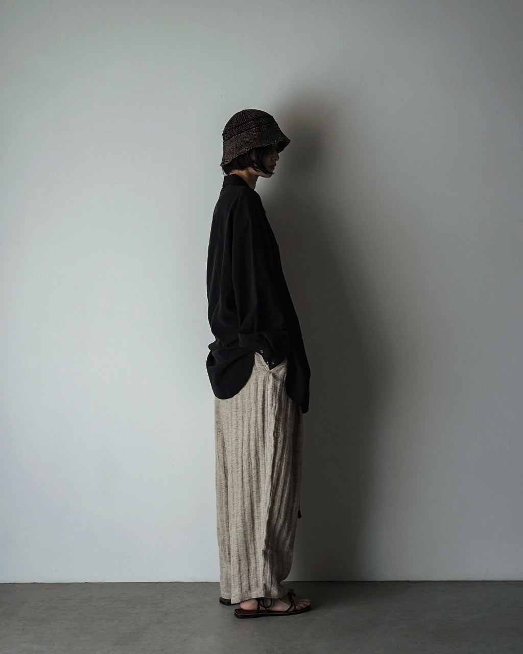 Linen-Tencel Double Pocket Regular Collar Over Shirt <#black>