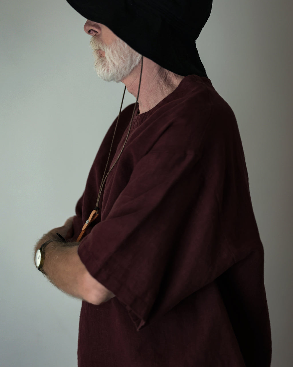French Linen Crew Neck Half Sleeve Oversized Pullover <#burgundy>