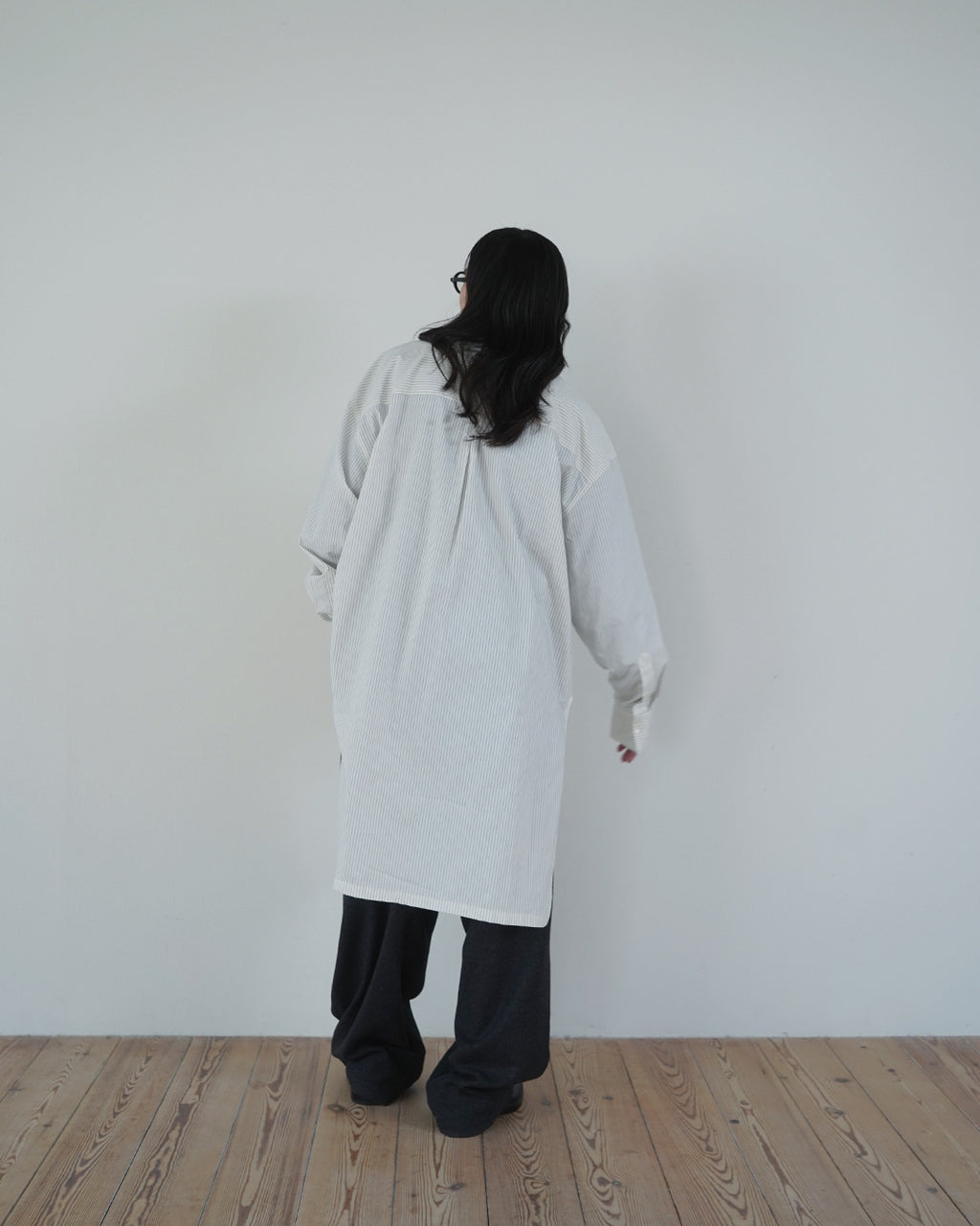 Cotton Typewriter Round Slit Long Officer Shirt <#ivory stripe>