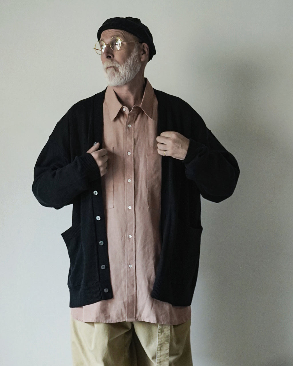 Linen Mid-Gauge V-Neck Knit Gown Cardigan <#black>