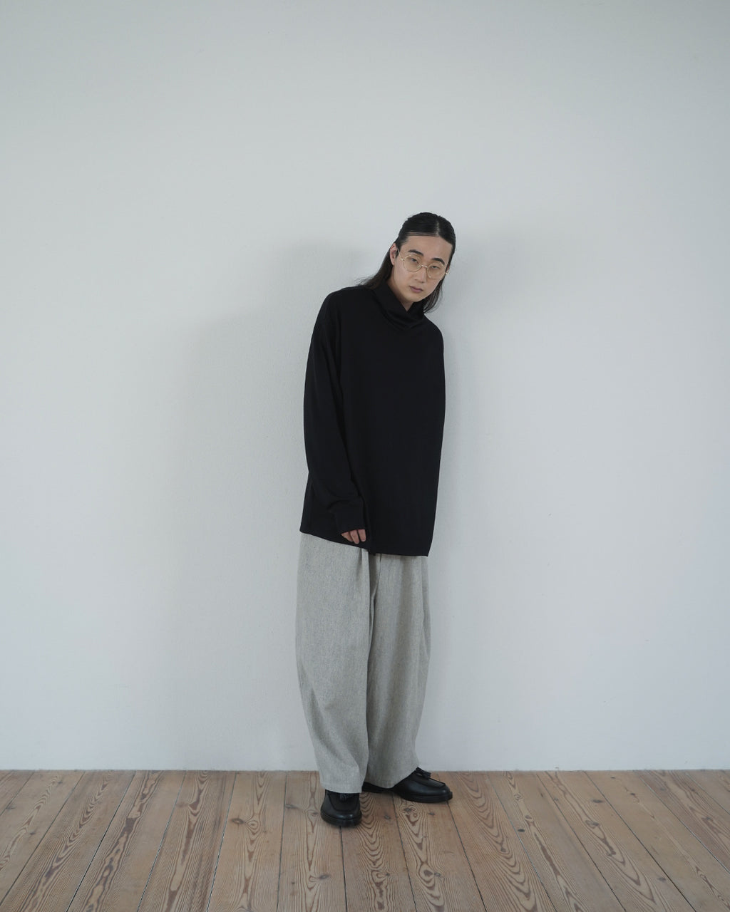 Super100s WOOL Plating Turtleneck L/S Logo TEE <#black>