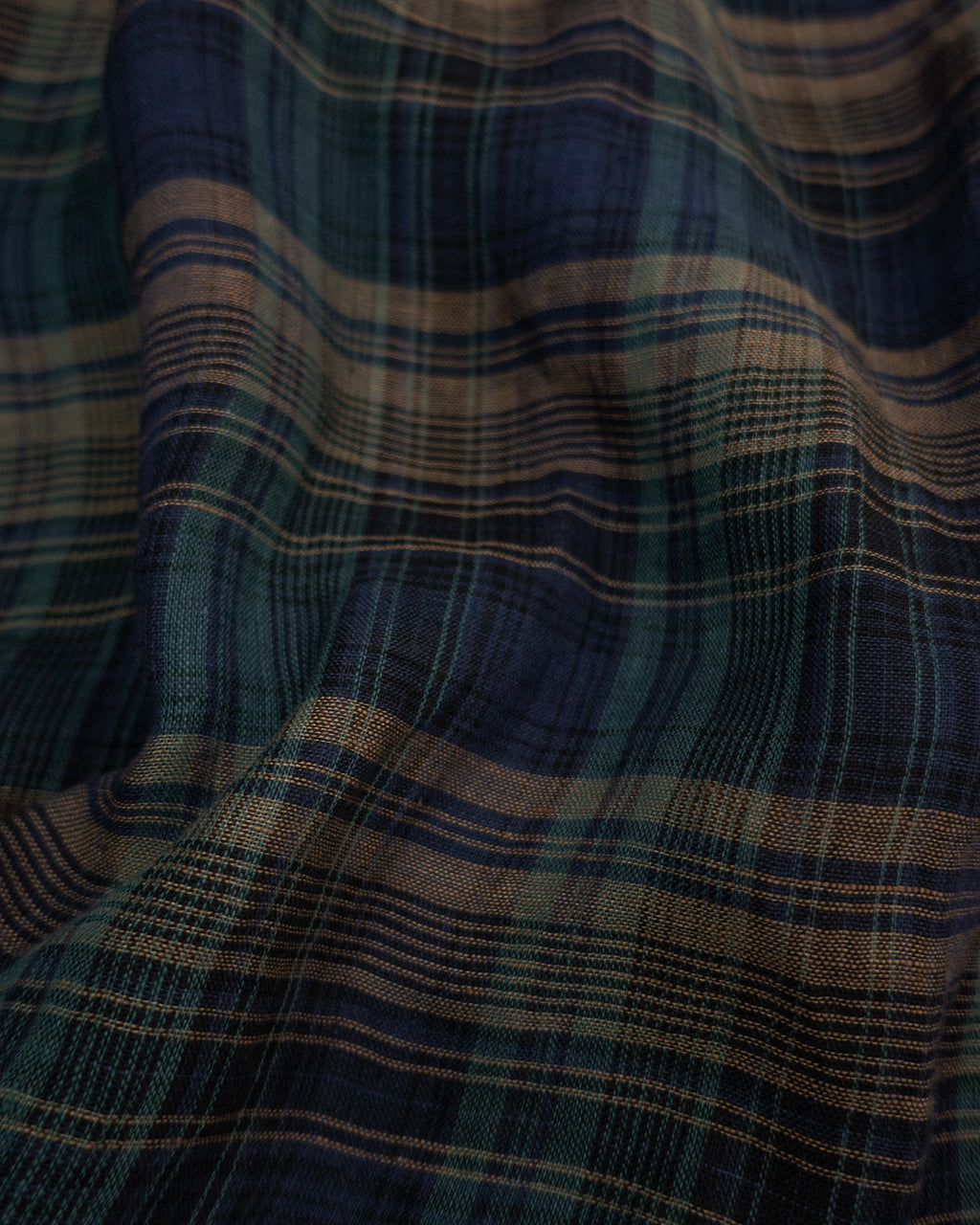 Linen Madras Check Open Collar Long-Sleeve Gathered Shirt<#navy check>