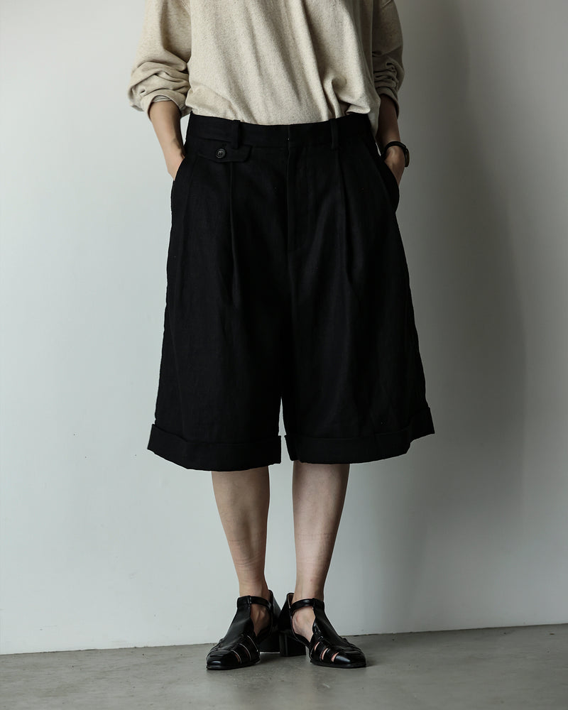 Linen Twill Coin Pocket 2Tuck Double-Hem Shorts <#black>