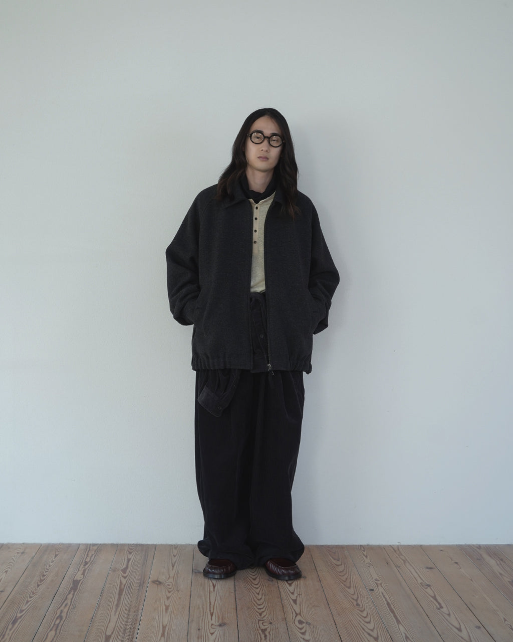 Wool Blend Herringbone Tweed Volume Zip Blouson <#black>