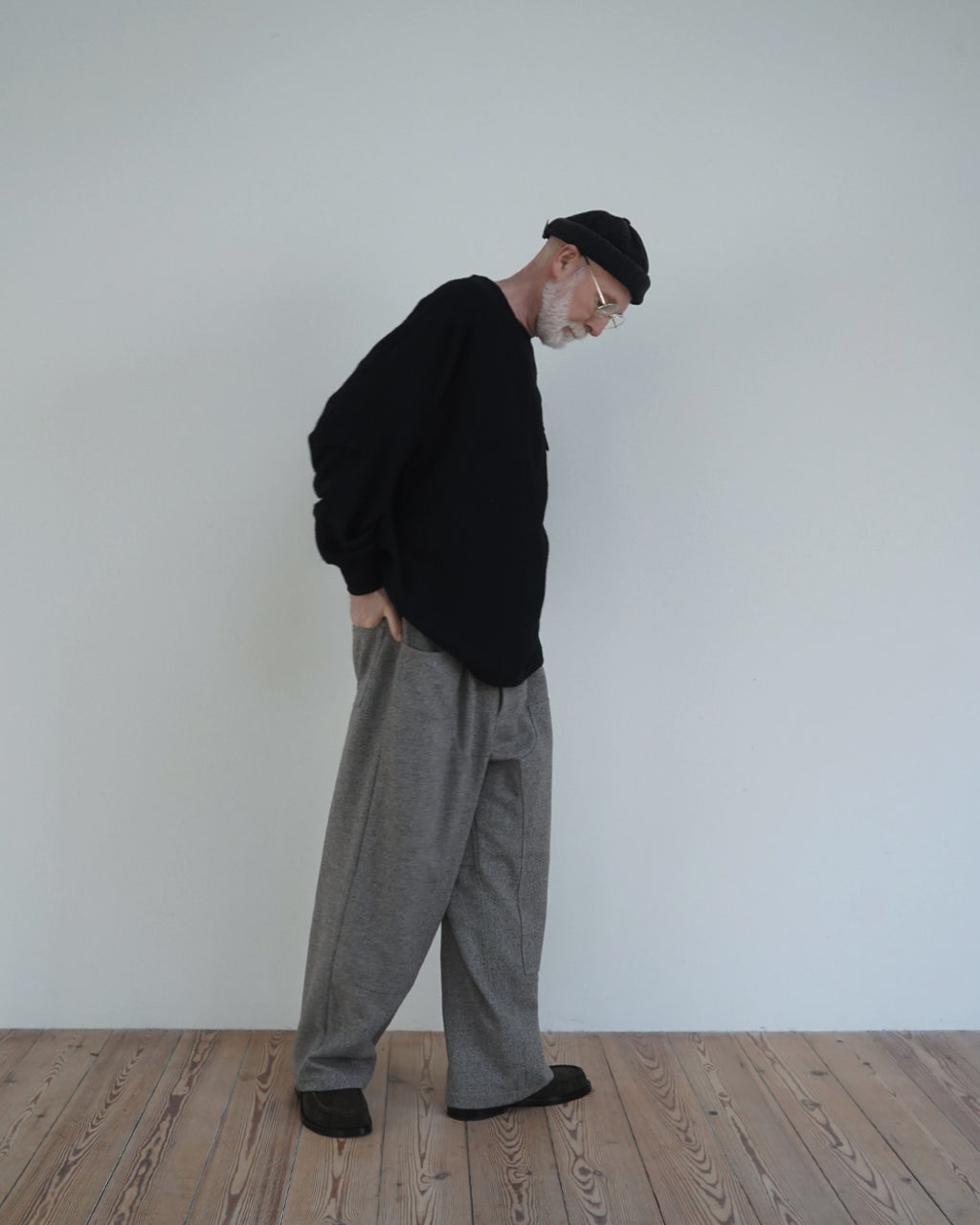 Shetland Wool Linen Crew Neck LS Tuck Rib Pullover <#black>