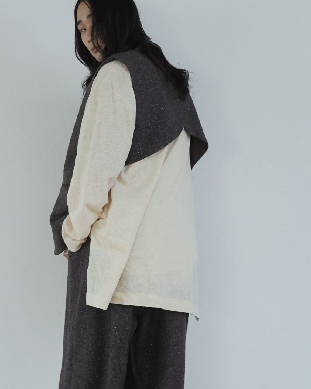 Wool Blend Tweed Back-Open Layered Crew Neck Vest <#brown>