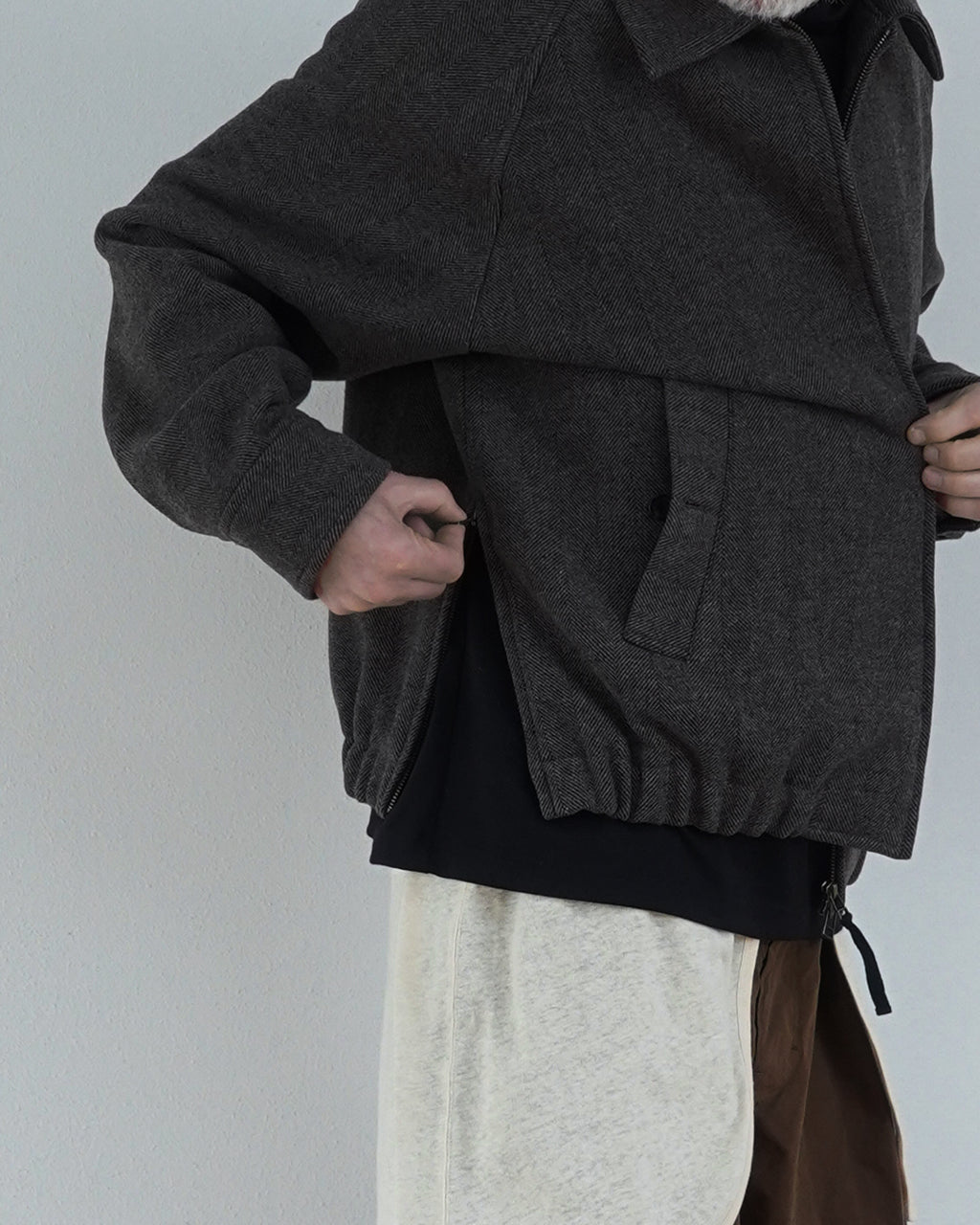 Wool Blend Herringbone Tweed Volume Zip Blouson <#brown>