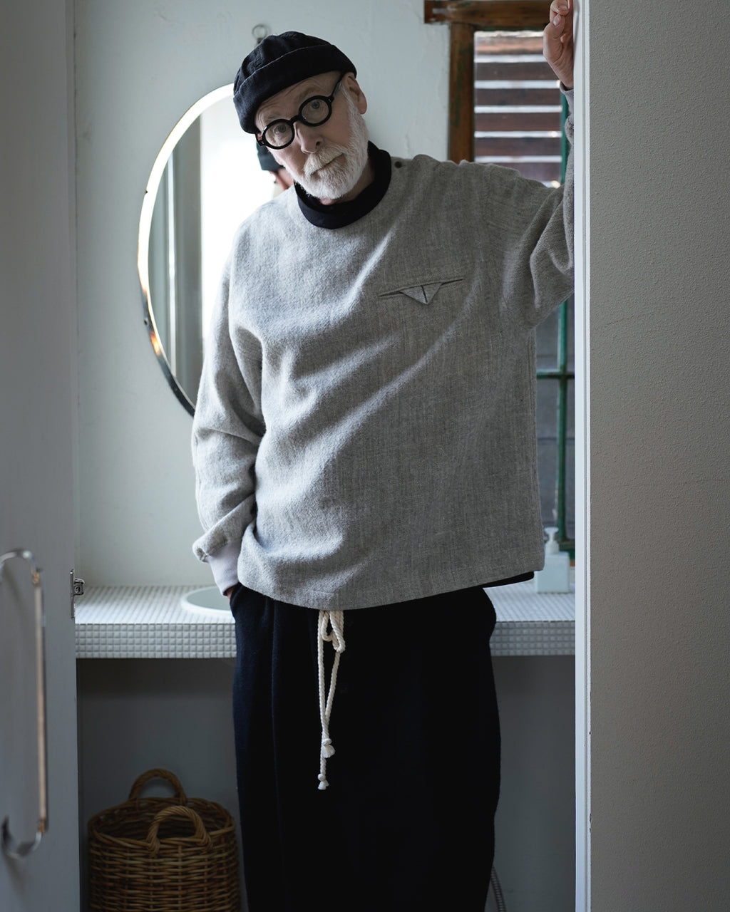 Shetland Wool Linen Crew Neck LS Tuck Rib Pullover <#light gray>