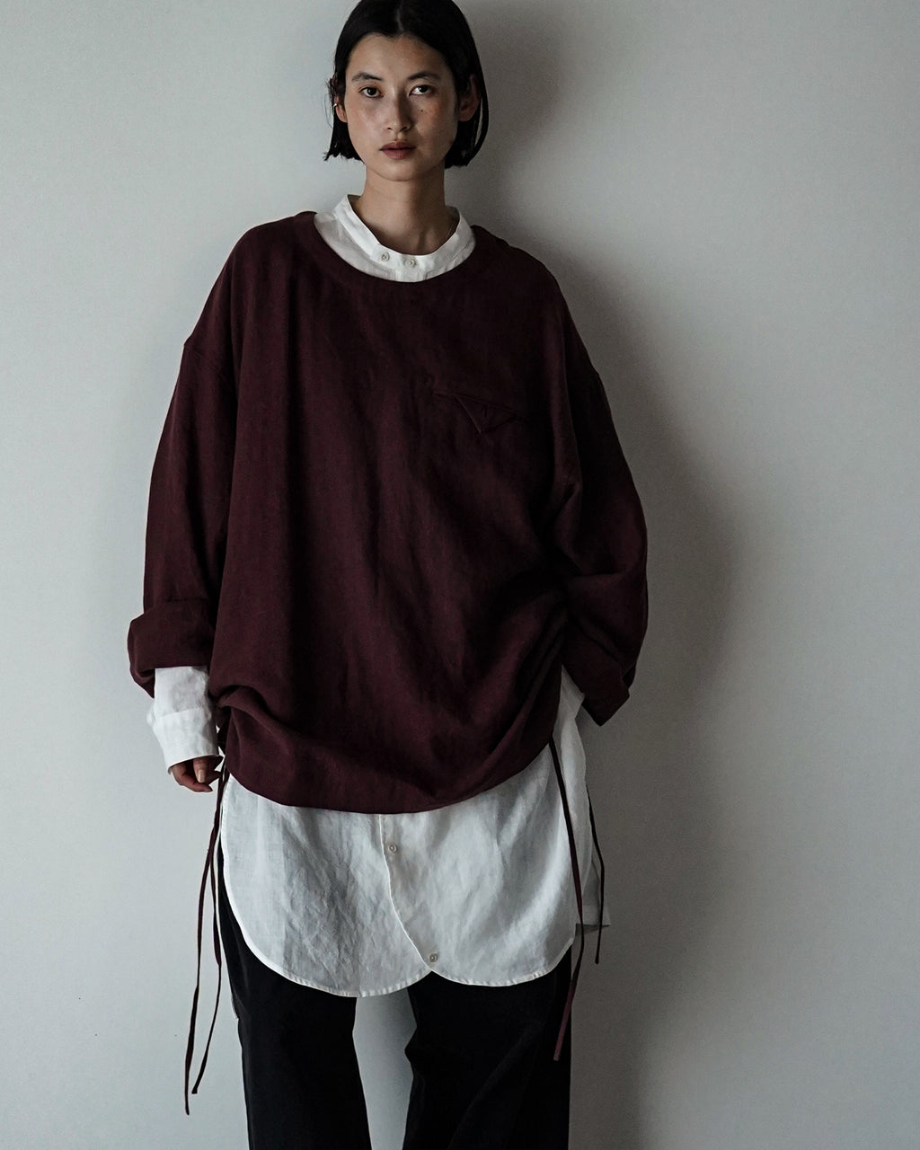 French Linen Side Shirring Long-Sleeve Pullover<#burgundy>