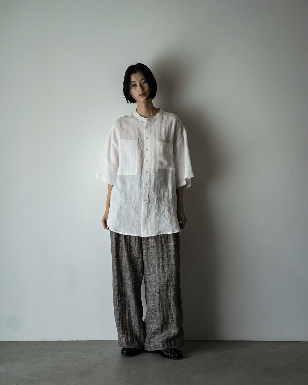 Glen Check Linen Back Belt 3Tuck Wide Straight Trousers <#glen check>