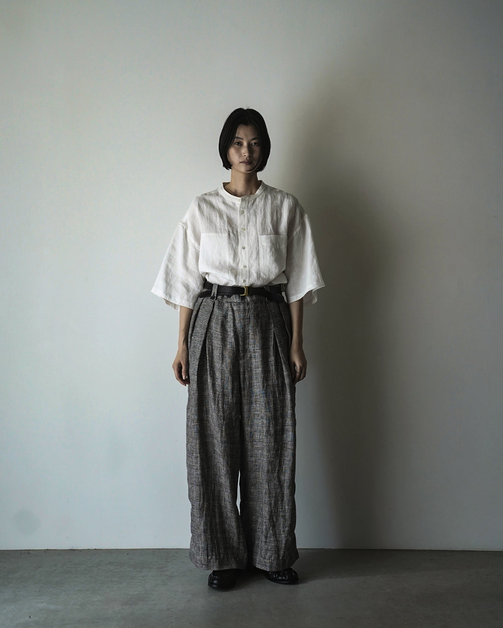 Glen Check Linen Back Belt 3Tuck Wide Straight Trousers <#glen check>