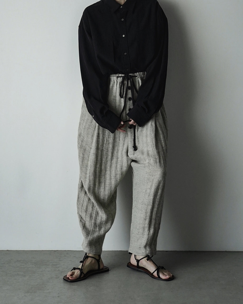 Linen Herringbone Button-Fly Easy Sarouel Pants <#heather gray>