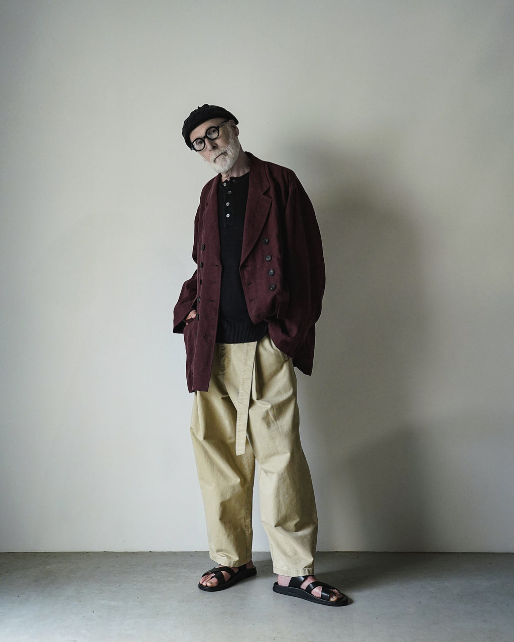 French Linen Back-Open Button Design Semi-Double Jacket <#burgundy>