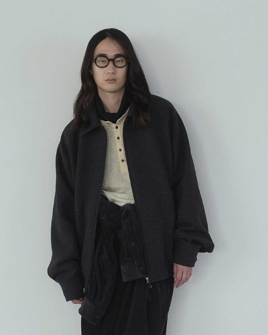 Wool Blend Herringbone Tweed Volume Zip Blouson <#black>