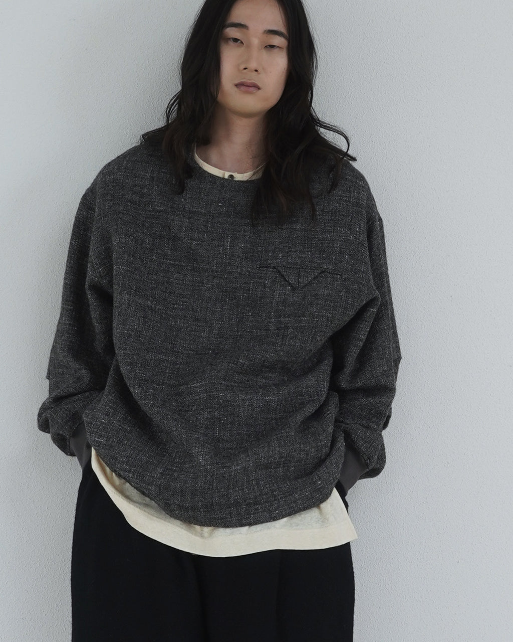 Shetland Wool Linen Crew Neck LS Tuck Rib Pullover <#charcoal>
