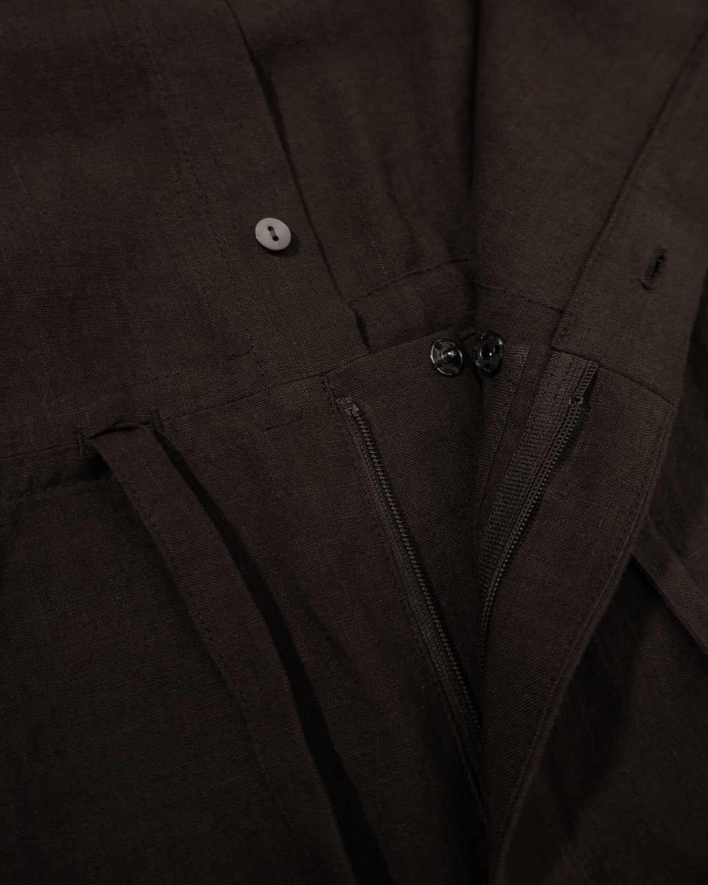 Wash Linen Band Collar Long-Sleeve Jumpsuit <#brown>