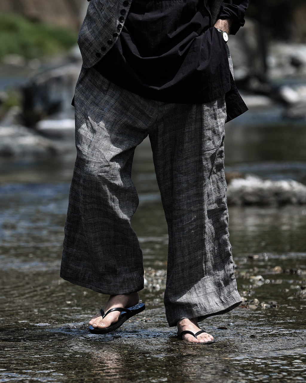Glen Check Linen Back Belt 3Tuck Wide Straight Trousers <#glen check>