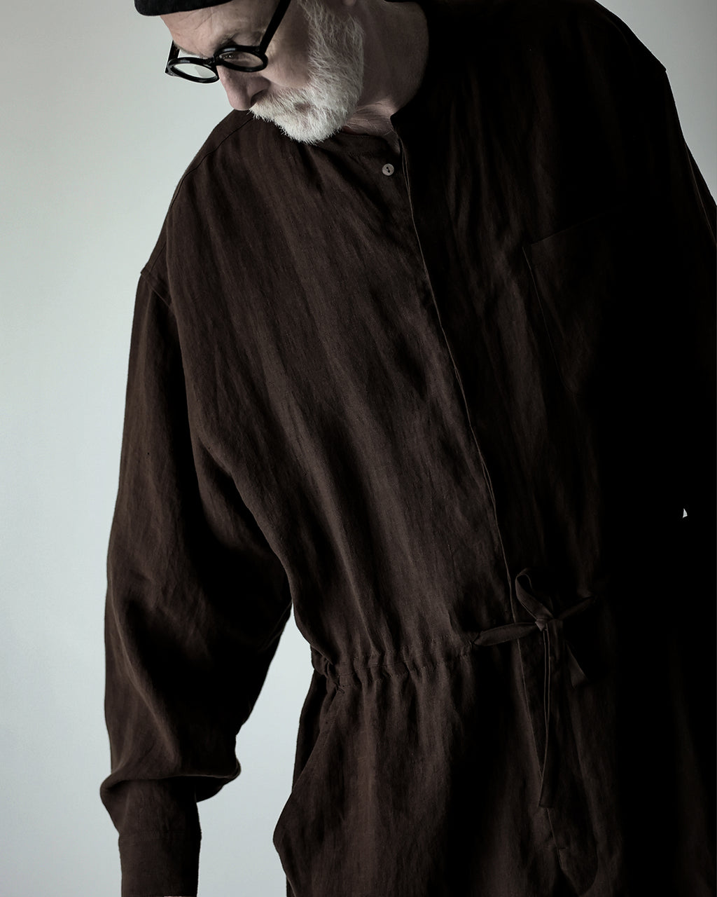 Wash Linen Band Collar Long-Sleeve Jumpsuit <#brown>
