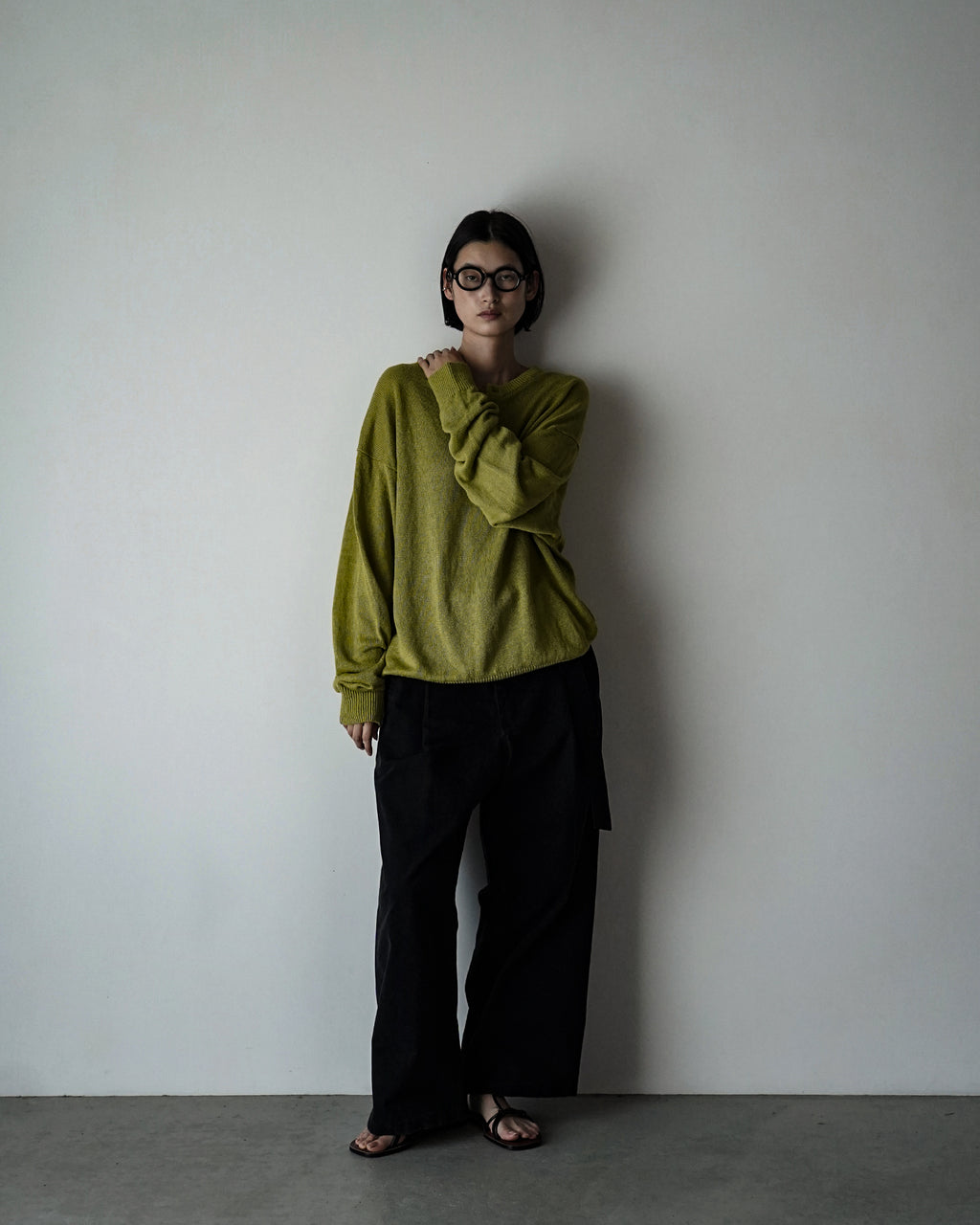 Linen Mid-Gauge Henley Neck Knit Pullover <#yellow>