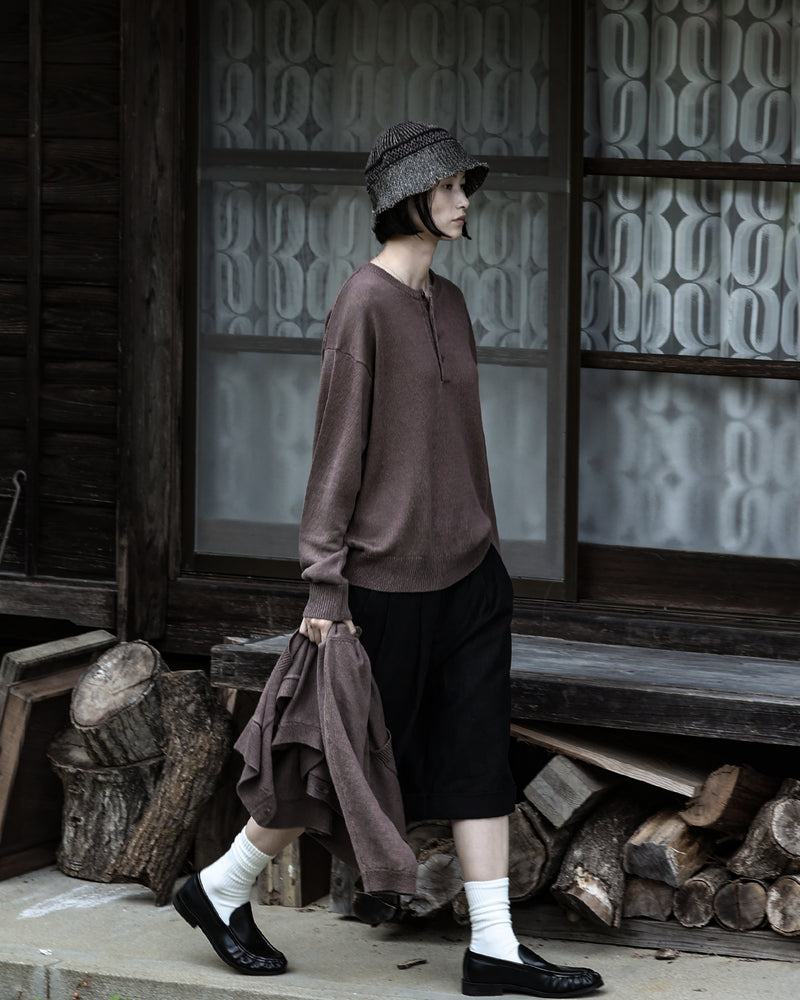 Linen Mid-Gauge Henley Neck Knit Pullover <#brown>