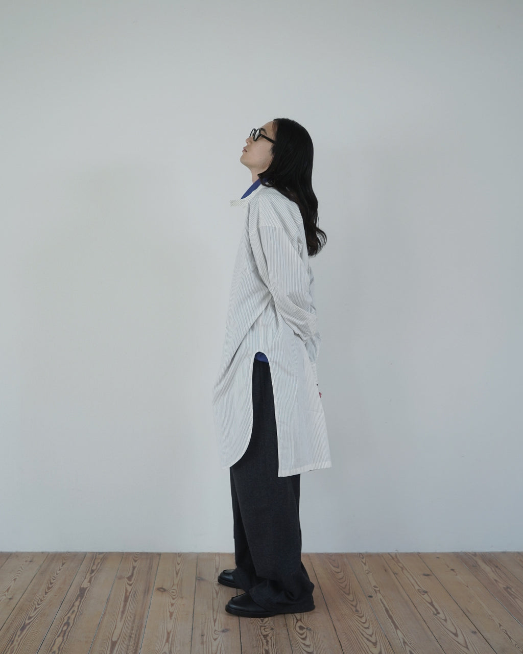 Cotton Typewriter Round Slit Long Officer Shirt <#ivory stripe>