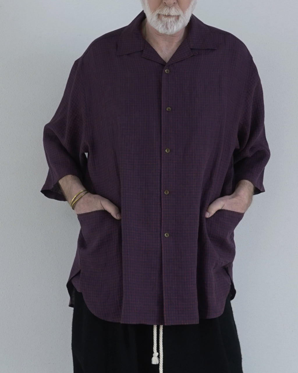 Wash Linen Open Collar 3/4 Sleeve Sleeping Shirt <#brown×navy>