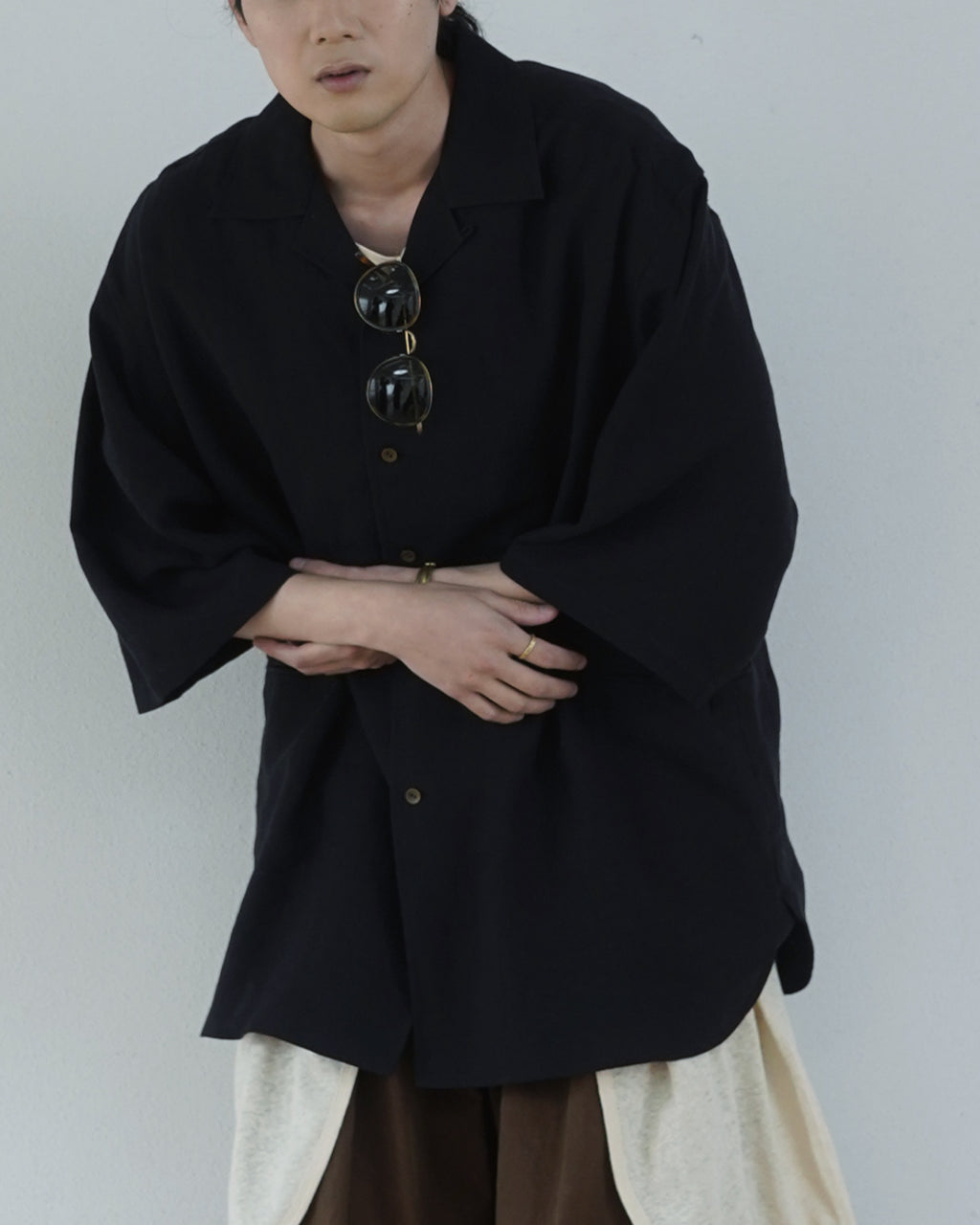 Wash Linen Open Collar 3/4 Sleeve Sleeping Shirt <#black>