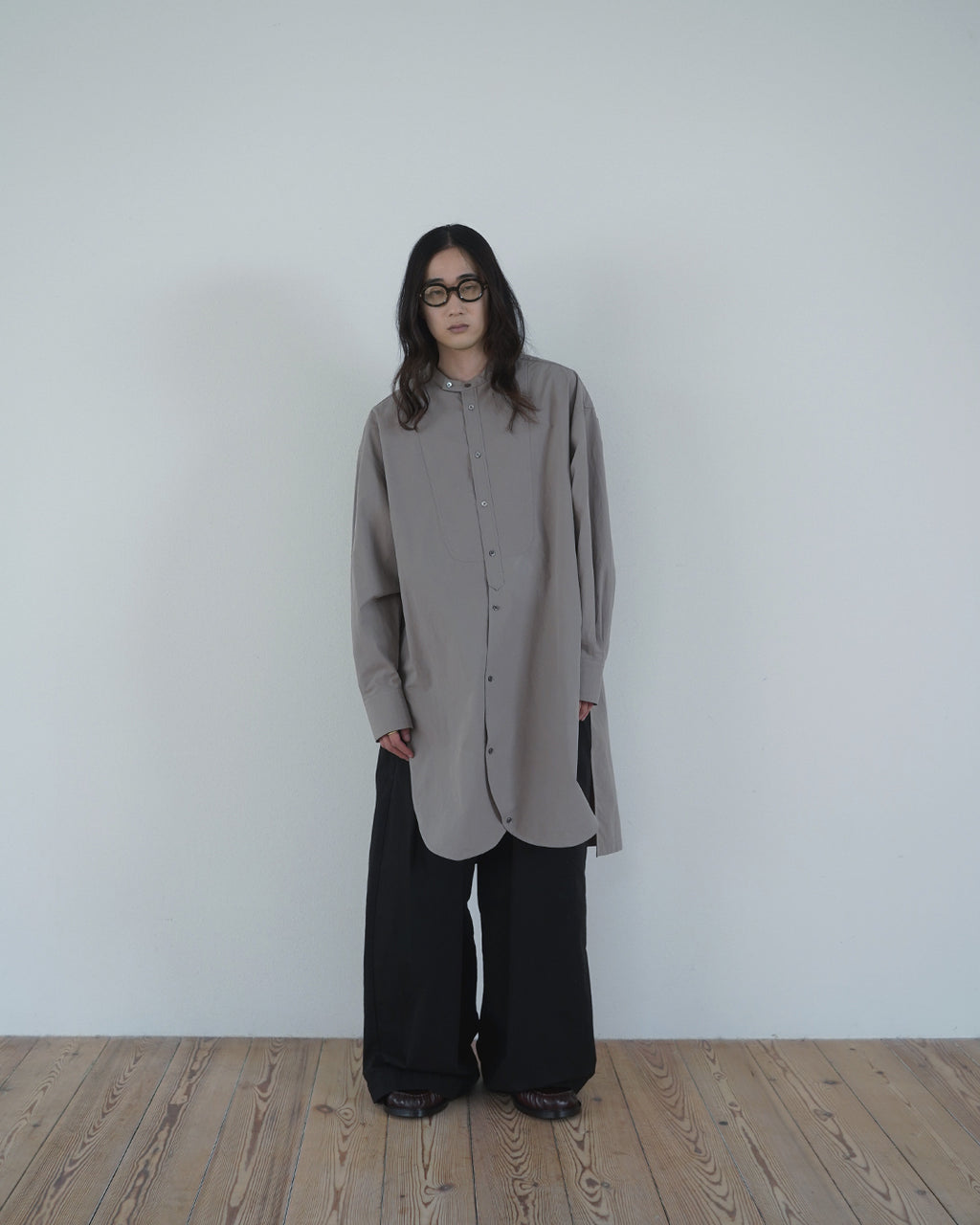 Cotton Typewriter Round Slit Long Officer Shirt <#greige>