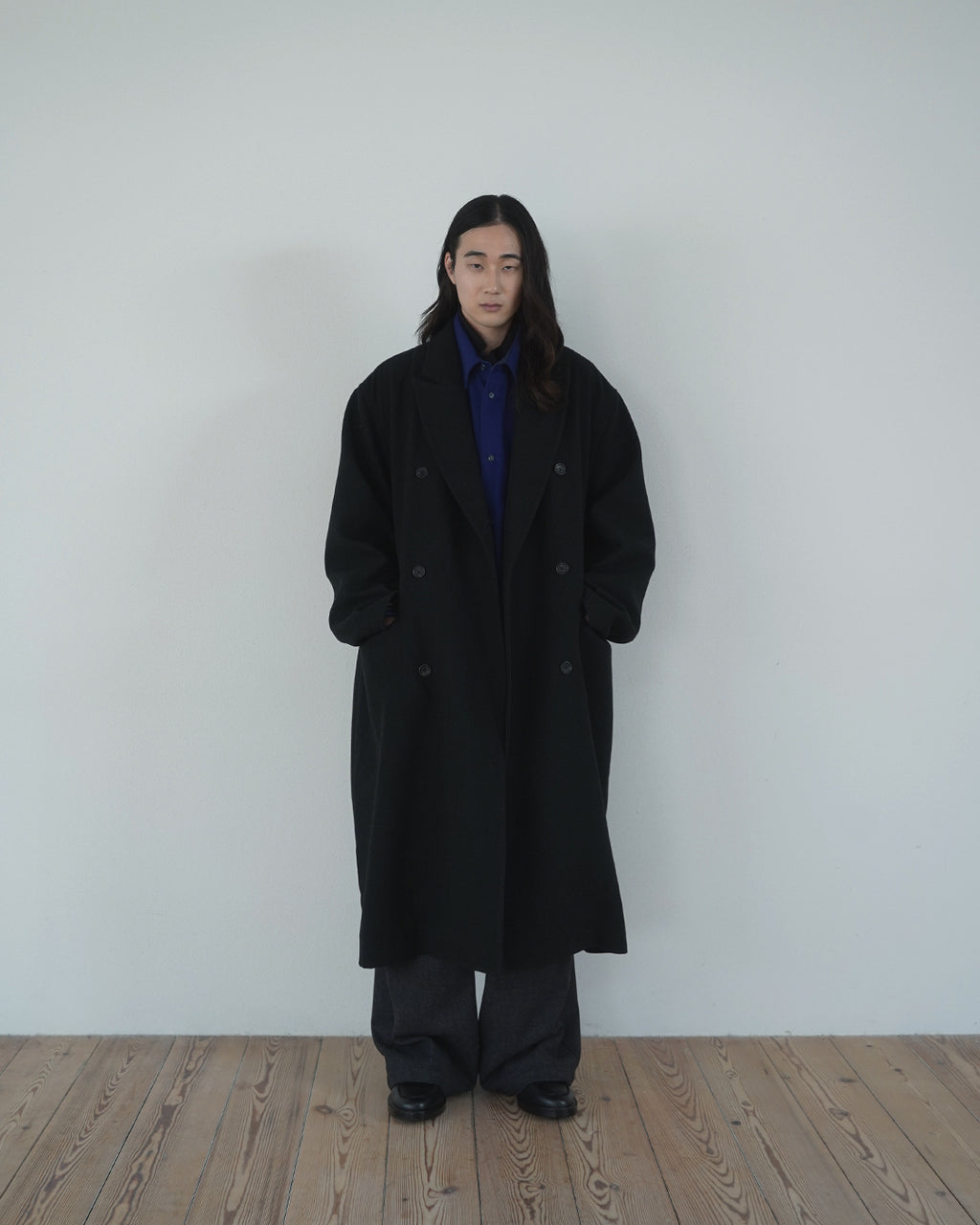 Wool Blend Double-Breasted Long Coat <#black>