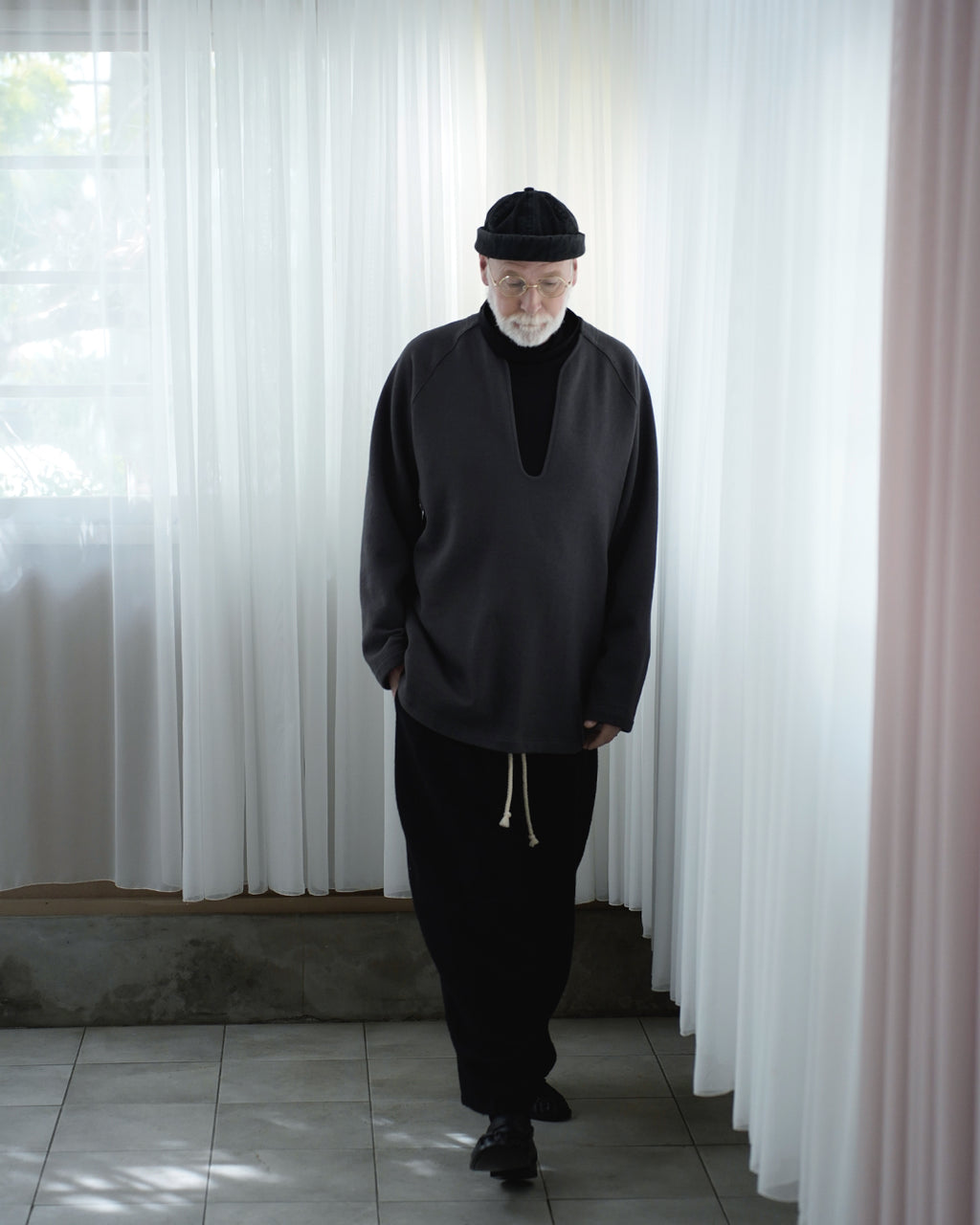Shetland Wool Linen Rope Belt Easy Sarouel Pants <#black>