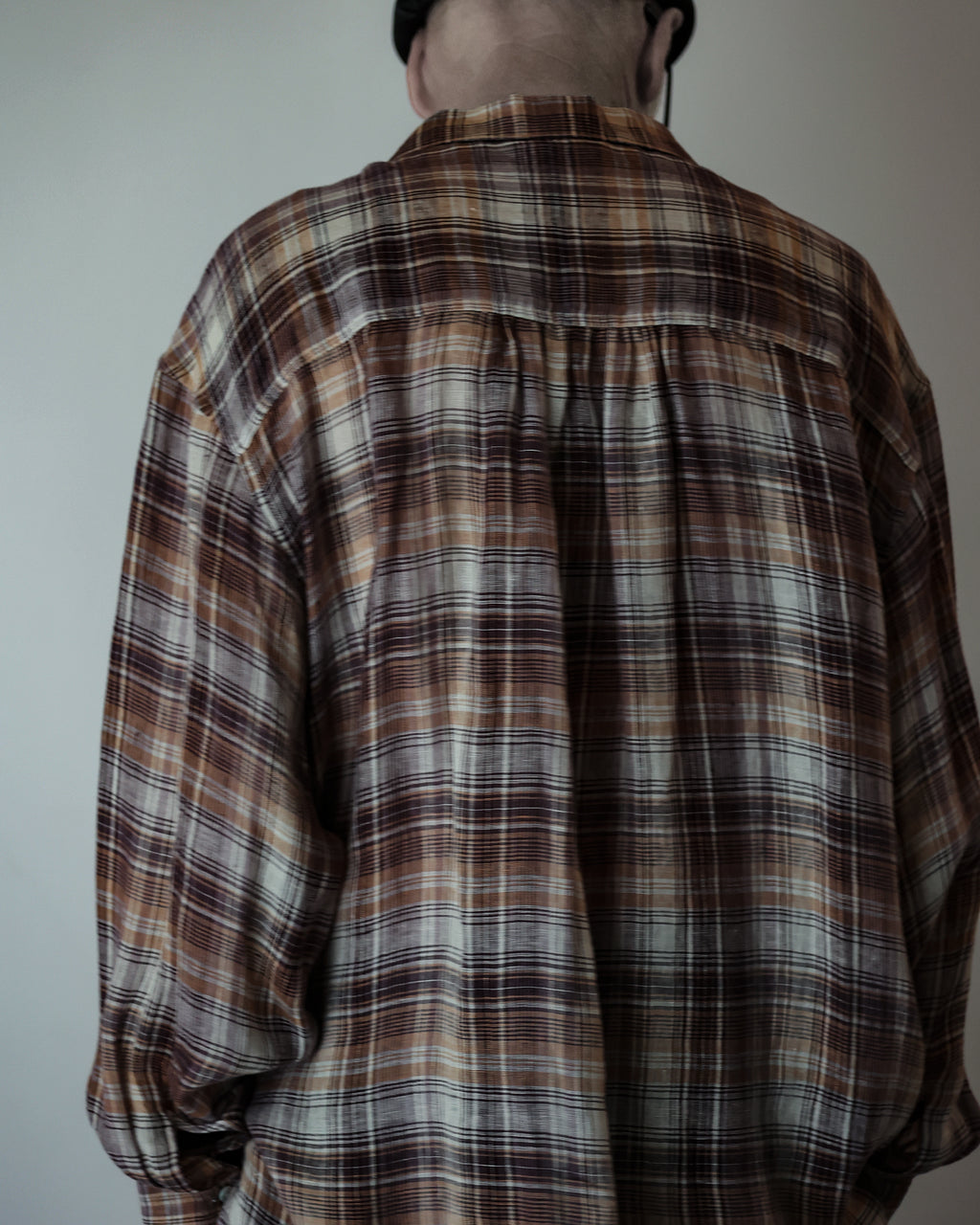 Linen Madras Check Open Collar Long-Sleeve Gathered Shirt<#red check>