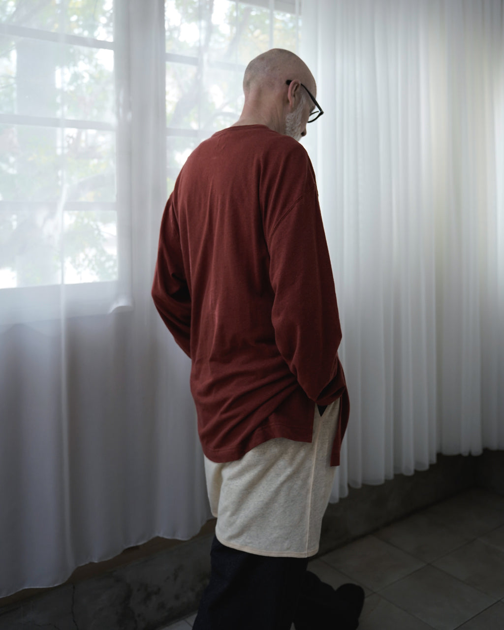 Linen Jersey Henley Neck Middle Length L/S Tee <#terracotta>