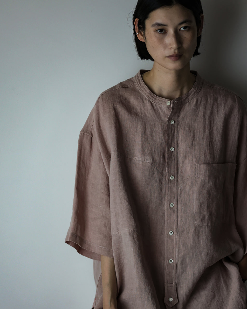 Wash Linen Band Collar Henley Neck Like Half Sleeve Atelier Shirt <#smoke pink>